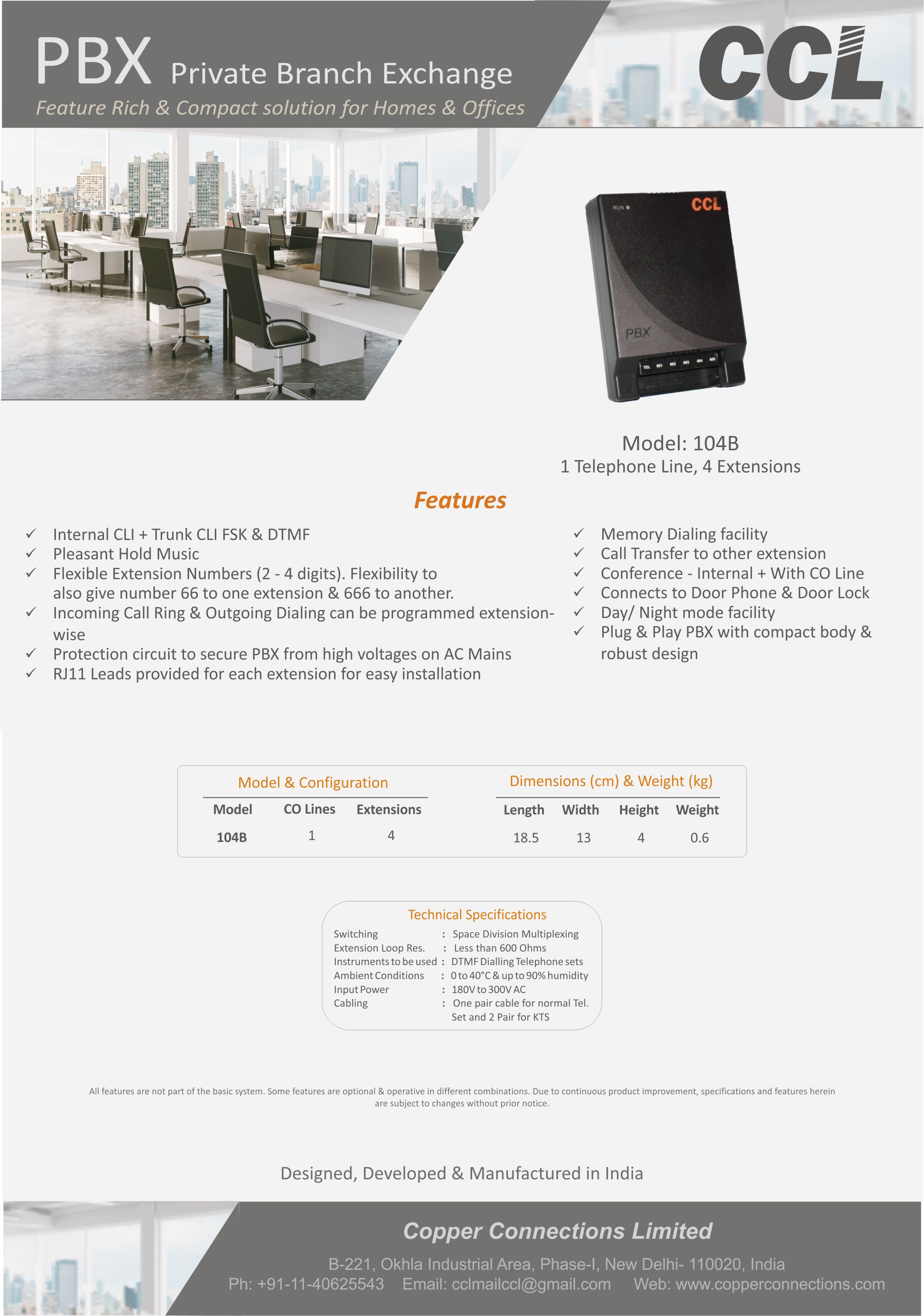 CCL 104B , CCL EPABX 104B Intercom System - 1 P&T Line-In and 4 Extensions  