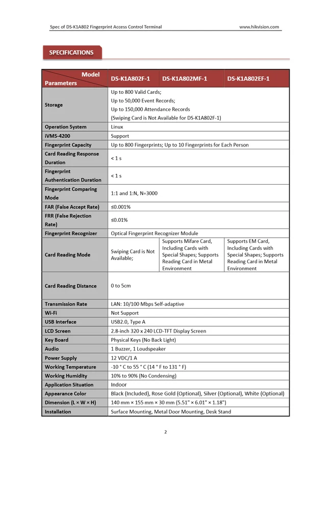 DS-K1A802EF-1 , DS-K1A802EF-1 , Fingerprint Time Attendance Terminal  