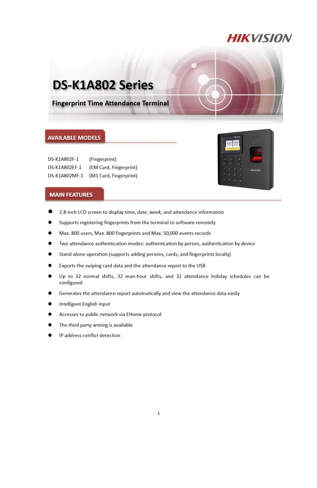 DS-K1A802EF-1 , DS-K1A802EF-1 , Fingerprint Time Attendance Terminal  